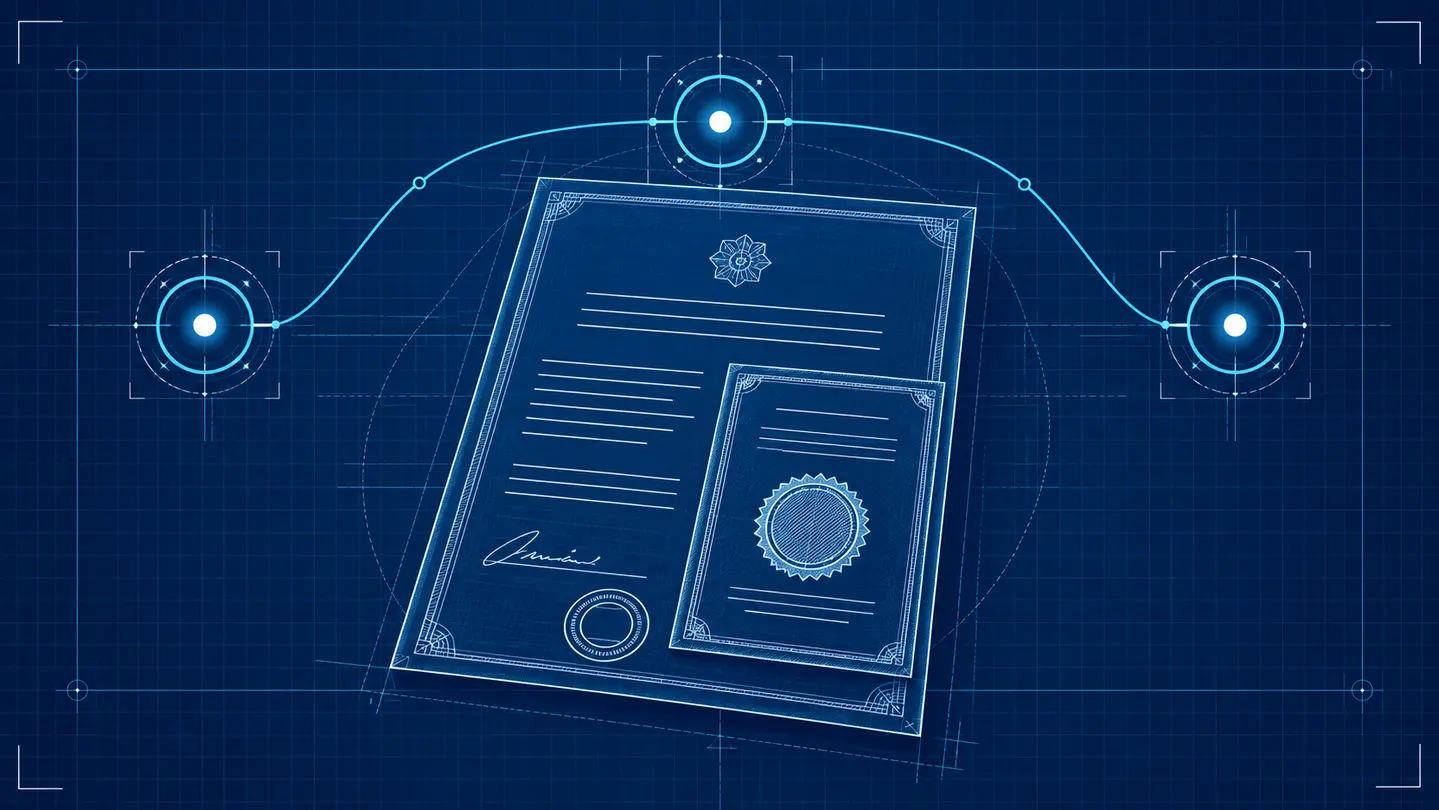 Blueprint illustration of a completed apostille certificate attached to a public document