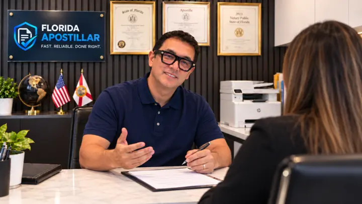 A document specialist reviewing apostille options with a client
