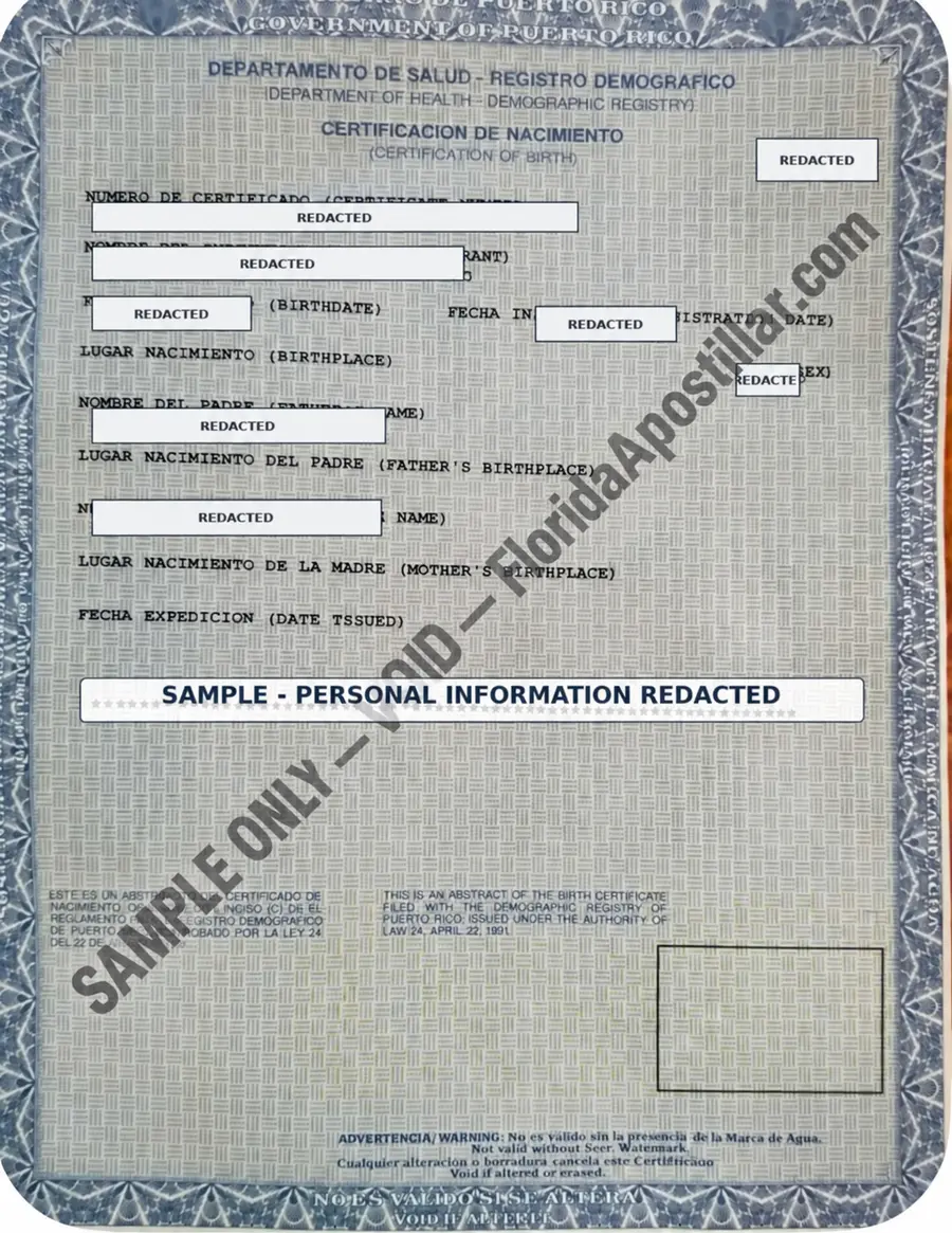 Redacted sample of a Puerto Rico birth certificate issued by the Demographic Registry