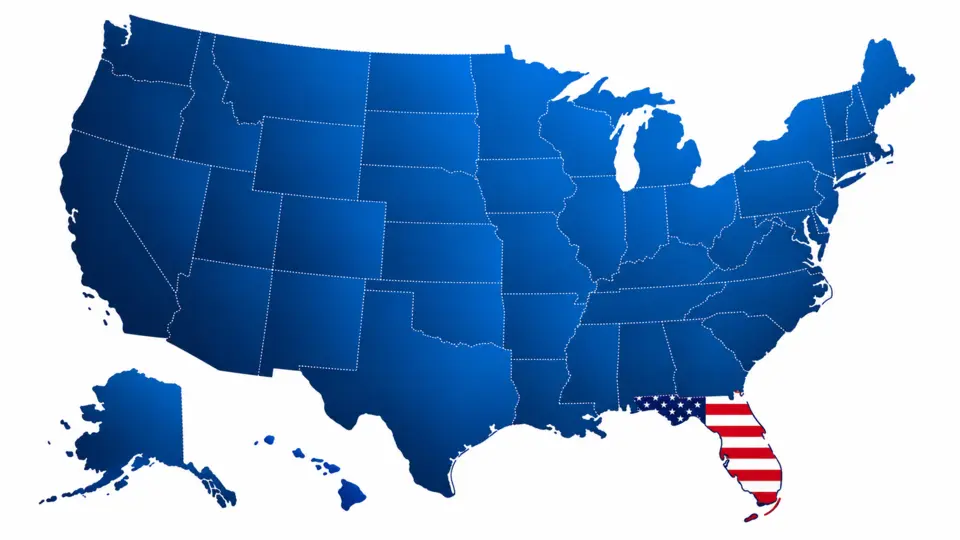 Map of the United States with state borders and Florida highlighted